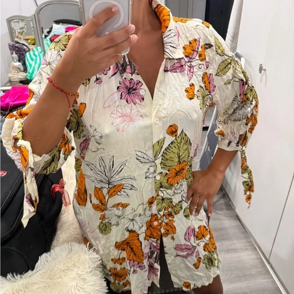 Floral Button-Up Shirt / dress with Tie Sleeves - Picture 1 of 2